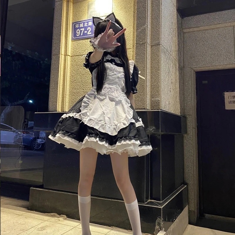 高品質 猫メイド服コスロリータ白黒定番可愛いセクシーロリータドレス