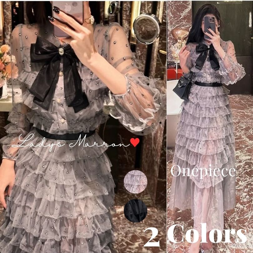 2点購入で200円割引期間限定オファー お呼ばれドレス 結婚式 お呼ばれワンピース パーティードレス 韓国 ドレス グレードレス 黒ドレス リボンドレス ティアードドレス ガーリードレス ロングワンピ 5,554円