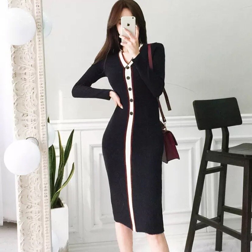 ワンピース 長袖 春 秋 冬 きれいめ ロング ペンシルスカート タイトスカート ひざ丈 Vネック 襟付き スリム タイト 細身 ストレート スマート 黒 ブラック S M L ジャスト かわいい 大