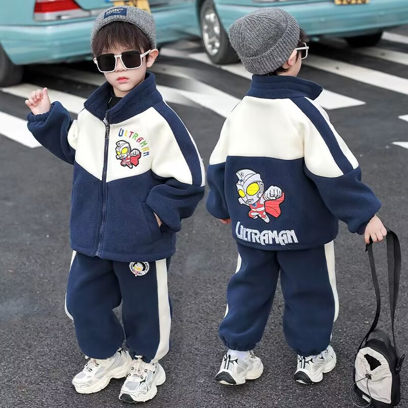 ウルトラマン柄男児用ラミネート加工厚手セットアップ チルドレン用フリースジャケット スタイリッシュな冬物新作ジャケット＆パンツ2点セット