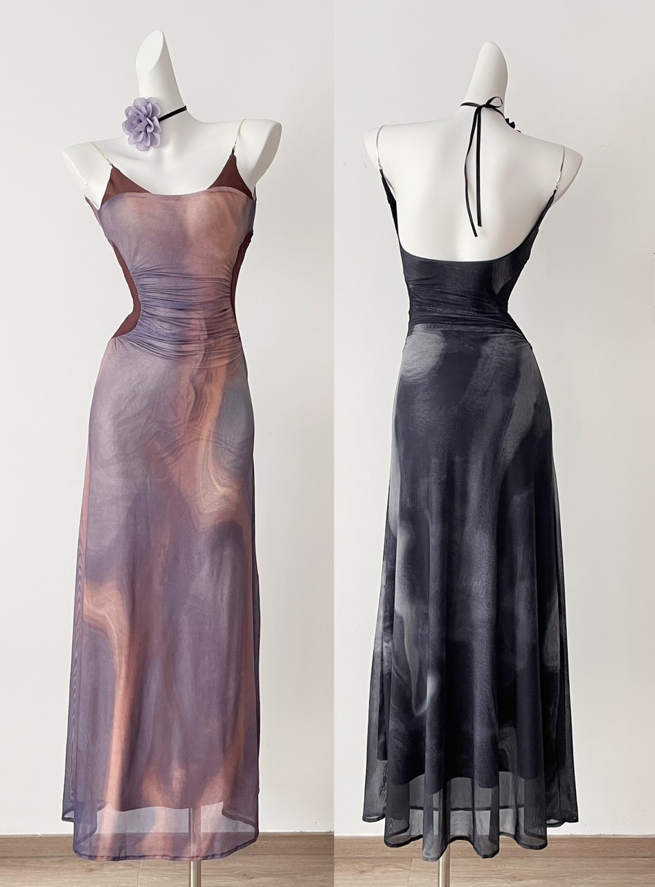 City Island Diary 油絵ドレス レディース コントラストカラー プリーツ オフショルダー サスペンダードレスJ49