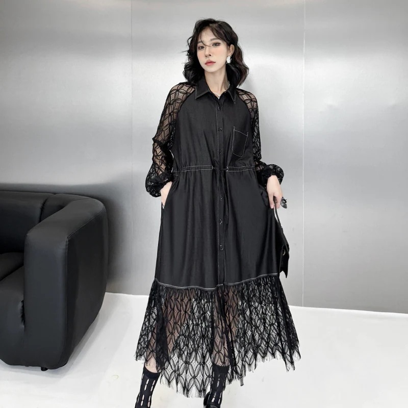 【J.Fashion】 レースドッキング ワンピース 春夏 Aライン メッシュ おしゃれ レディース ロングワンピース30%までに制限