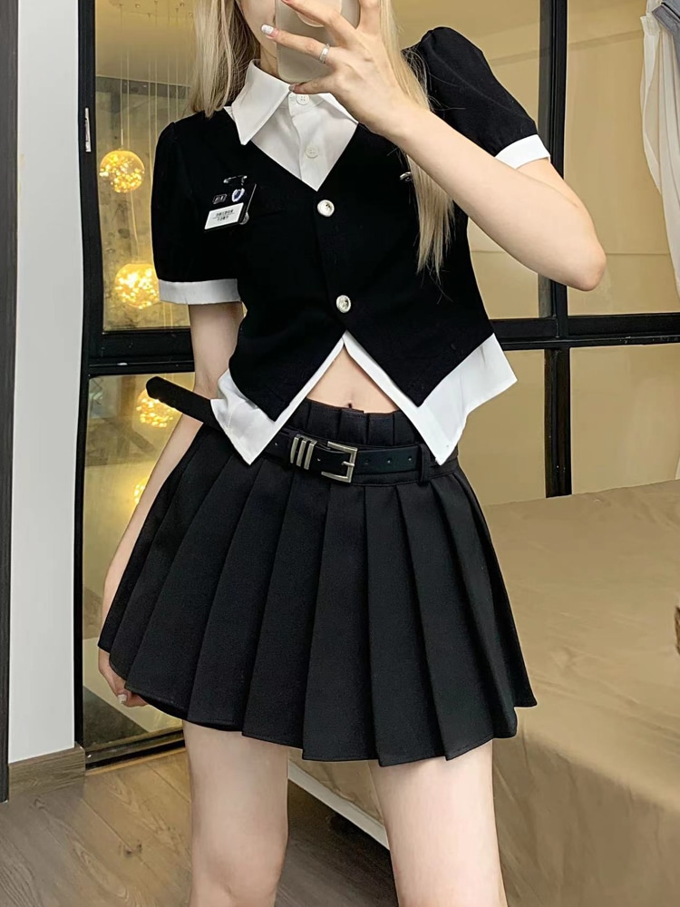 長袖 半袖 スカート春 夏 秋 JK 制服カレッジスーツjk制服フェイクツーピース半袖シャツレディース夏黒ハイウエストプリーツスカート2点セット