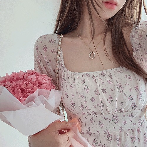 シャーリング フラワー スクエアネック Aライン 長袖 シフォン ワンピース 5,196円