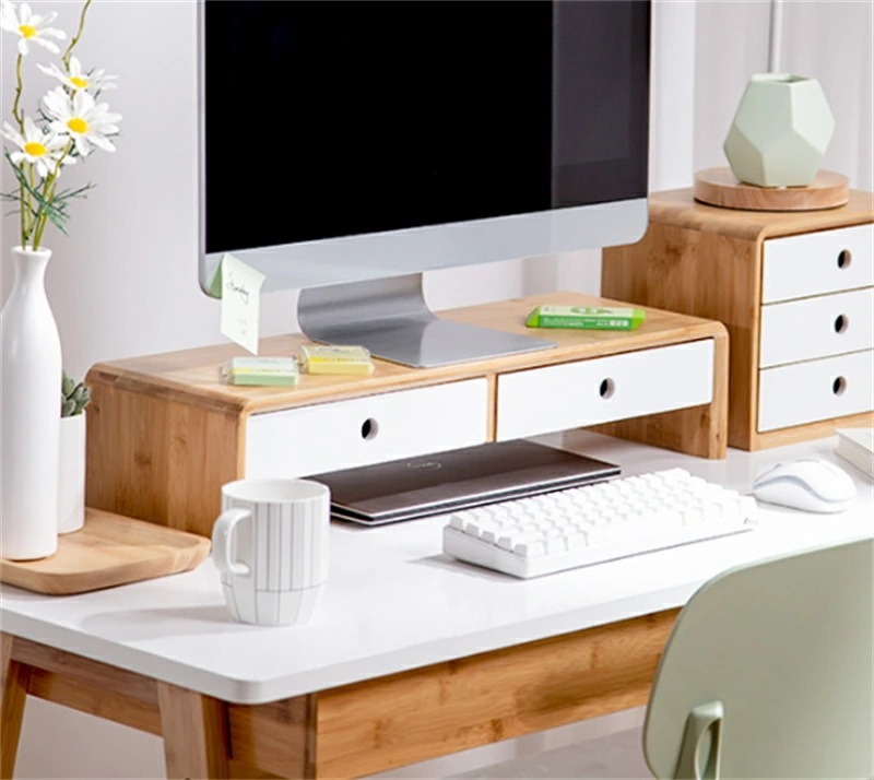 モニターラック モニタースタンド 机上ラック キーボード収納 PC台 デスク上 デスク上スタンド ディスプレイ台 引出し付き 卓上ラック 引出 机上台 卓上 ナチュラル 液晶モニター台 竹製 モニター