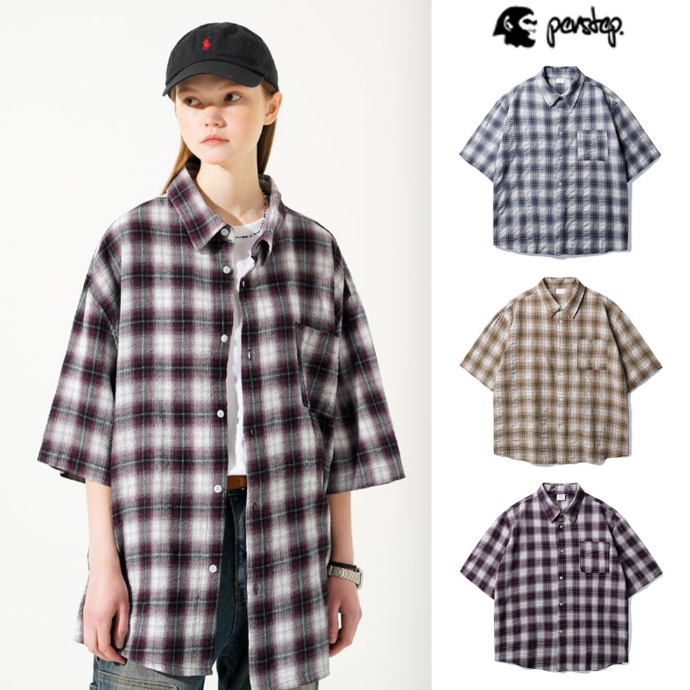 [PERSTEP] Seersucker Loose Fit Check Short Sleeve