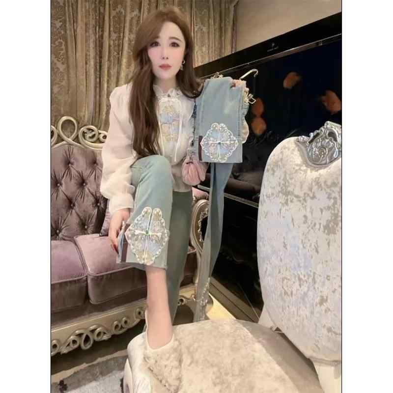 レディース ファッション カジュアル おしゃれ チャイナ風 デニム シガレットパンツ 春 ビーズ 刺繍 ハイウエスト ストレート 九分丈 パンツ