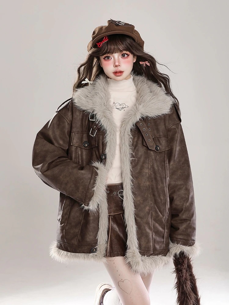 秋冬 長袖中綿 ジャケット 暖かい防寒かわいい韓国裹起毛トップスファー付きあったかアウター異素材羽織り襟レディースコーデカジュアルシルエットゆったりファッション系サイズきれいめムートン大人丈合成黑エコ