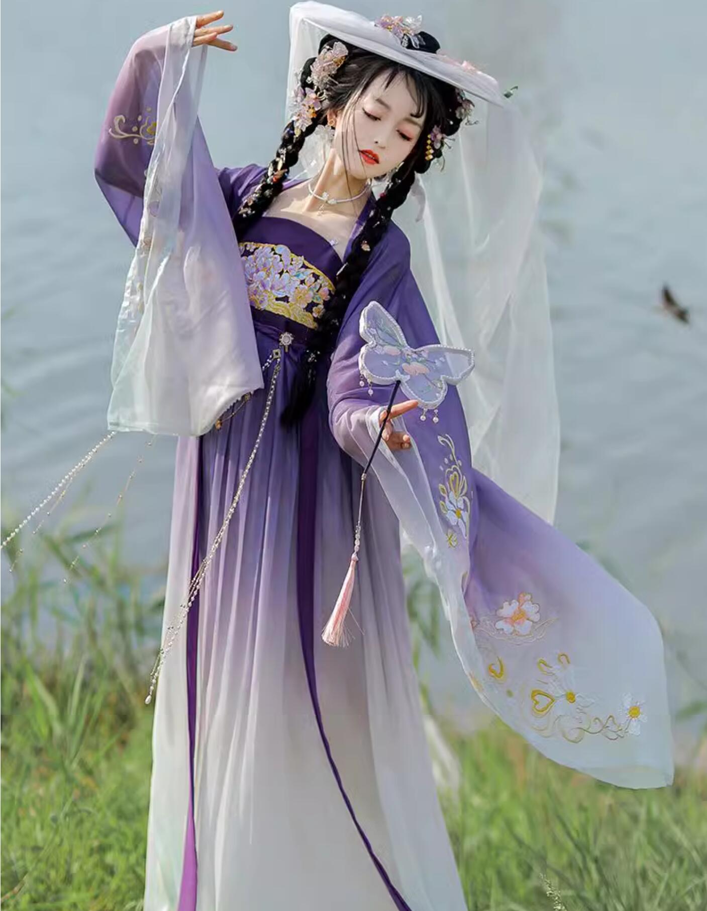 紫 レディース 漢服 チャイナ服 唐朝 中国古代服装 お姫様 グラデーション 振り袖 ロング丈羽織付き 中華衣裳 華やか お花刺繍 古代古典 宮廷風 貴妃 皇后 仮装 変装 華流 時代劇 コスチューム