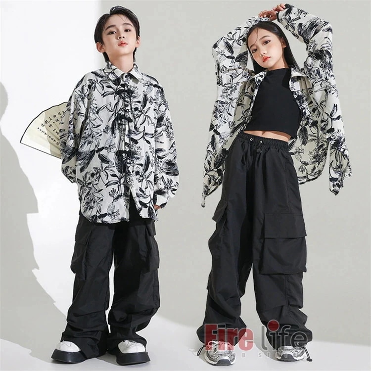 ダンスウェアセール キッズダンス衣装 ヒップホップ セットアップ 花柄シャツ カーゴパンツ ベスト ブラック 長袖 男の子 女の子 子供服 団体服 ステージ衣装 イベント セットアップ ジュニア オシ