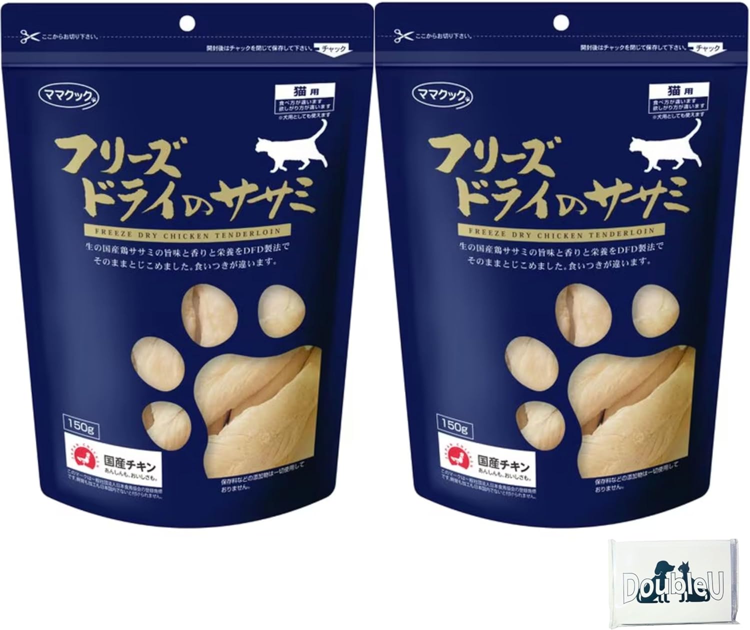 ママクック フリーズドライ ササミ 猫用 150g×2袋セット 無添加 国産 大容量 お徳用 猫のおやつ 猫おやつ 猫オヤツ＋DoubleUロゴティッシュ