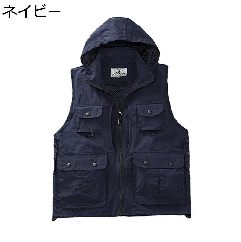 ベスト フード付き メンズ アウトドアベスト メッシュベスト 作業着 チョッキ ジレ 通気 多機能 速乾 撥水 軽量 耐磨耗性 ノースリーブジャケット フィッシングベスト 釣り アウトドア 渓流 サバ