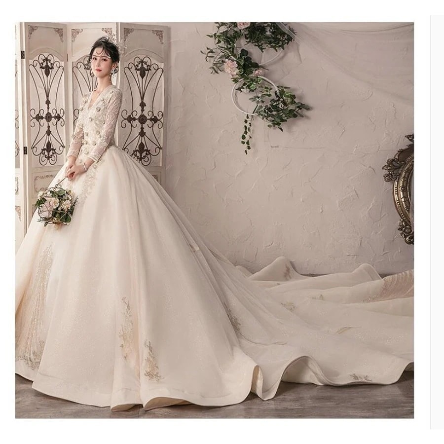 袖あり 超豪華 トレーンドレス 高級感 ウエディングドレス ロングドレス パーティードレス 発表会