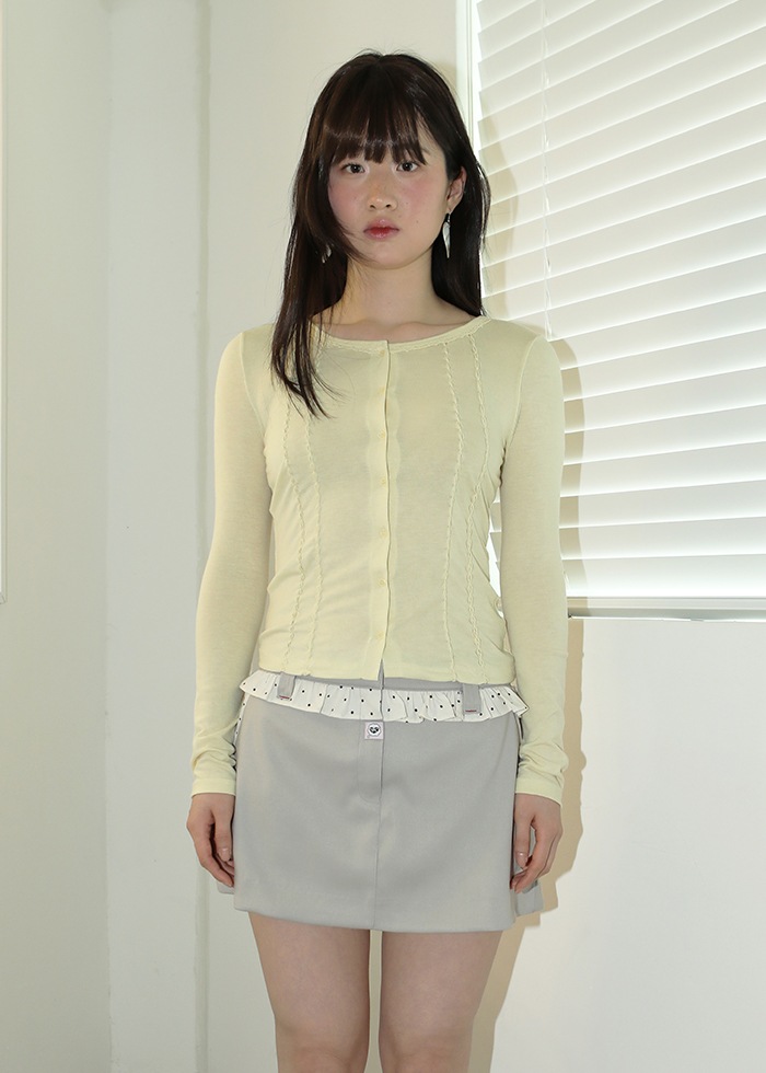 【NOFFICIALNNOFFICE】 LACE NECK RUCHED CARDIGAN TOP : YELLOW