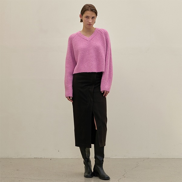 (T-6720)Wool hairy loose fit ribbed knit