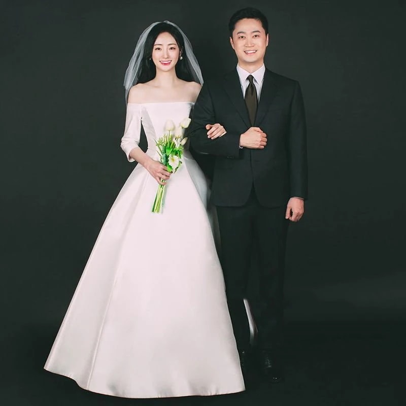 ウェディングドレス ロングドレス オフショルダー 結婚式 フォトウエディング 花嫁 二次会ドレス ウエディングドレス 披露宴 挙式 Aライン サテン ブライダル