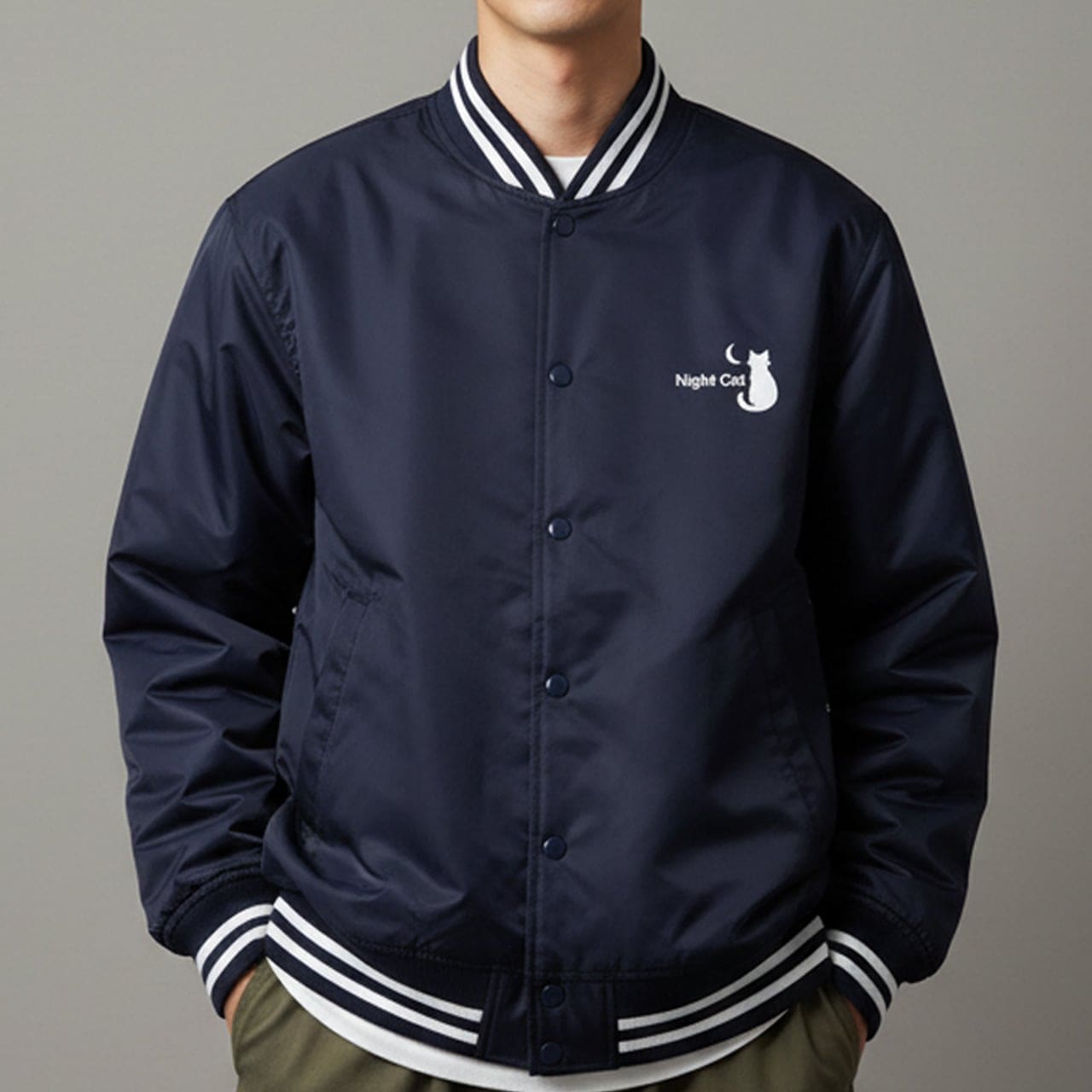 【Night Cat】 ロゴ入り ロゴ入り スタジアムジャケット (ネイビー／ホワイト) スタジャン 夜猫 ロゴ かわいい クール ストリート 韓国 ファッション