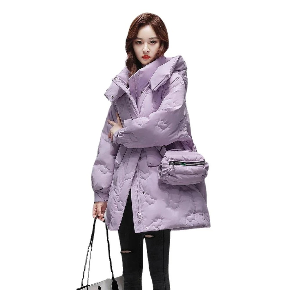 [最安値挑戦]！大きいサイズ フード付き 暖かい アウター ミドル丈 防寒 ダウン90％ レディース スタンドカラー おそろいミニバッグ付きミドル丈ダウンコート