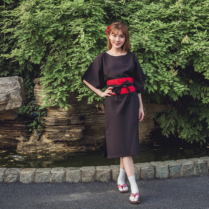 新しい春と秋の和風婦人服綿麻綿麻ワンピース夏用ミドル丈ローブベルト付き家庭着に適しています