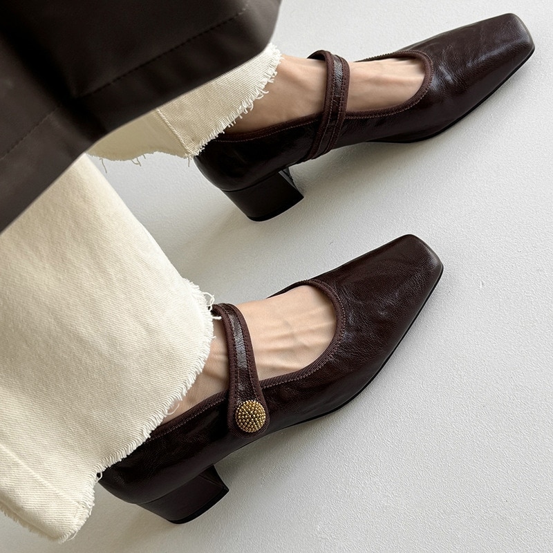 フランス式スクエア靴 メアリージェーン靴粗と一字ボタン靴復古パンプス ワンストラップハイヒール