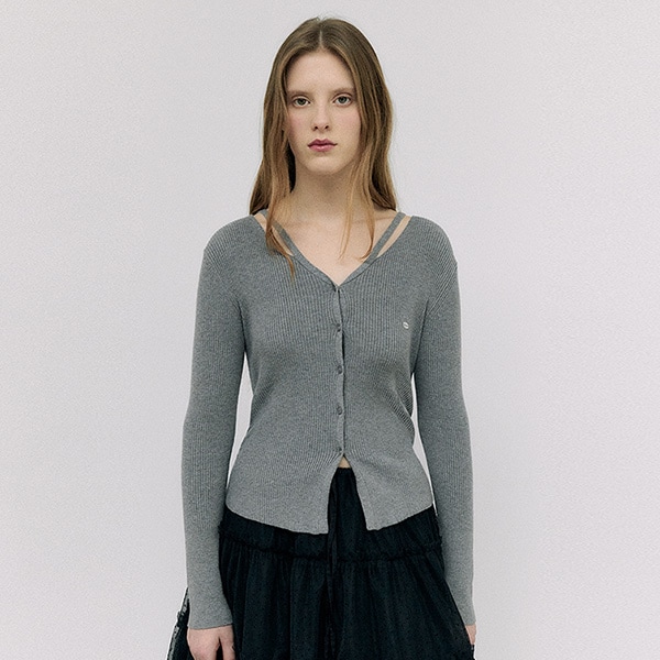 CUT OUT SLIM FIT KNIT CARDIGAN GRAY