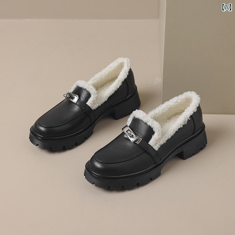 ローファー 革靴 レディース カレッジ 学生 通勤 通学 女性用 厚底 小型 英国風 革 スリッポン カジュアル ロック バックル 太い ヒール 毛皮 靴