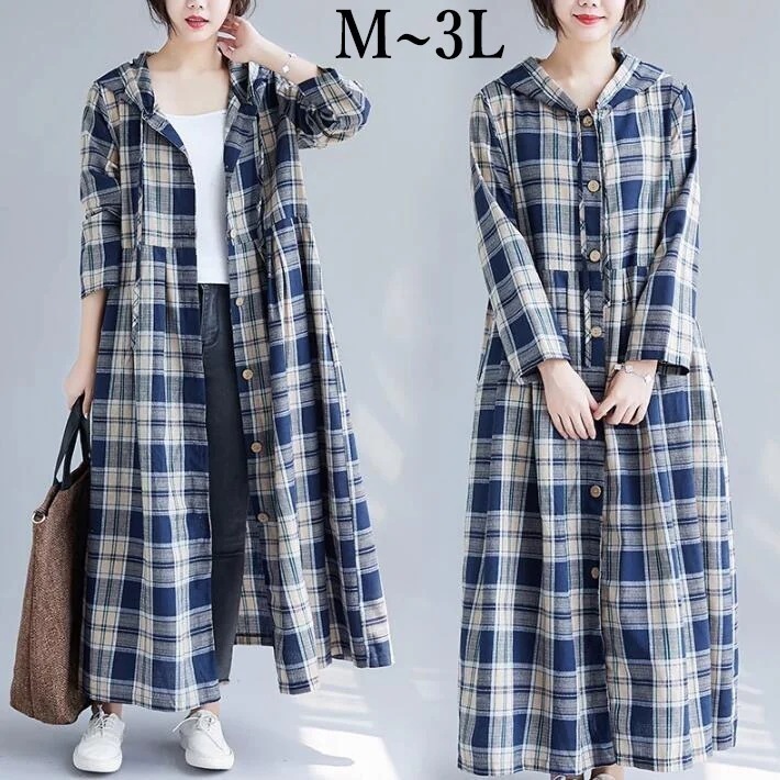 3L 2L L M ワンピスター 大きいサイズ ン フード 長袖 チェック 羽織 アウター 秋 春 ロングシャツ レディース シャツ シャツワンピ