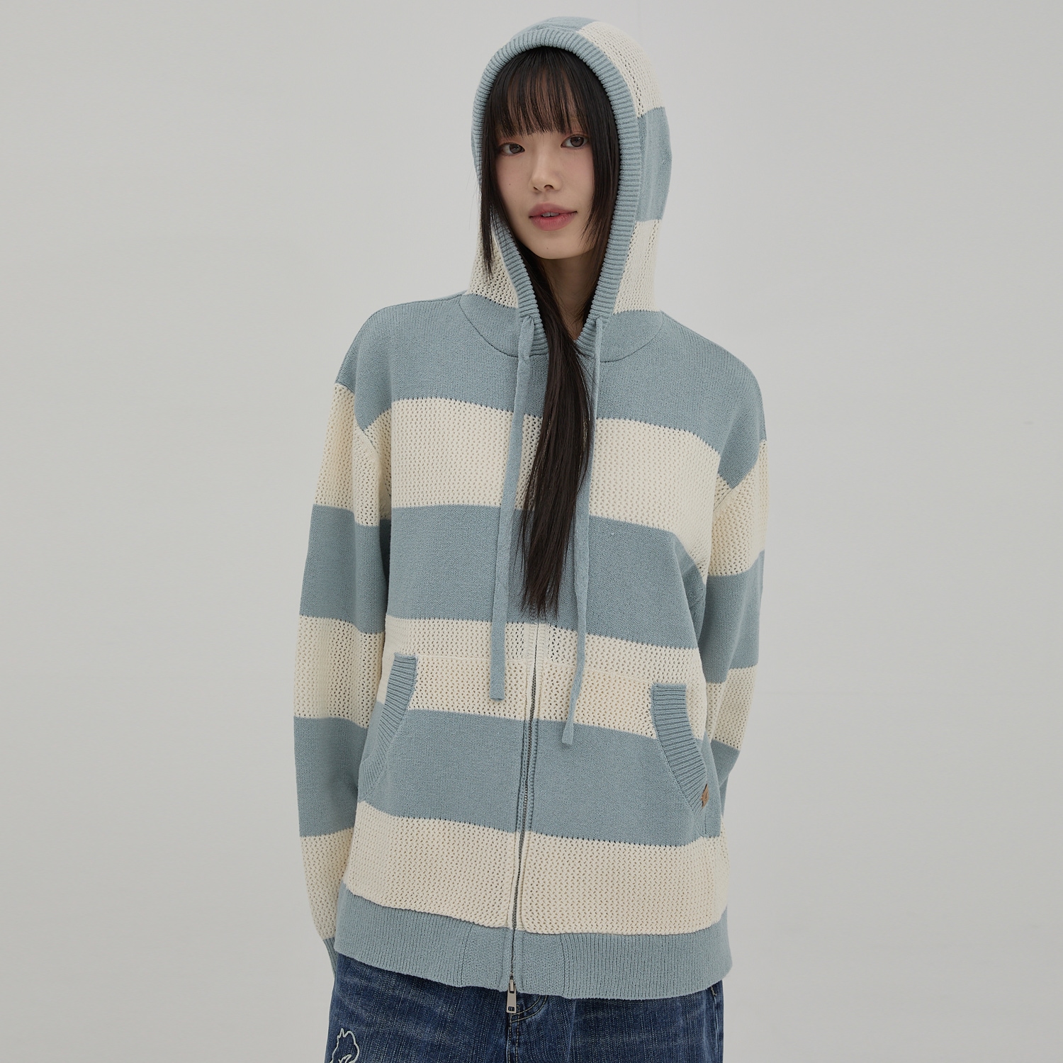Stripe Skashi Hood Knit Zip-up IVORY