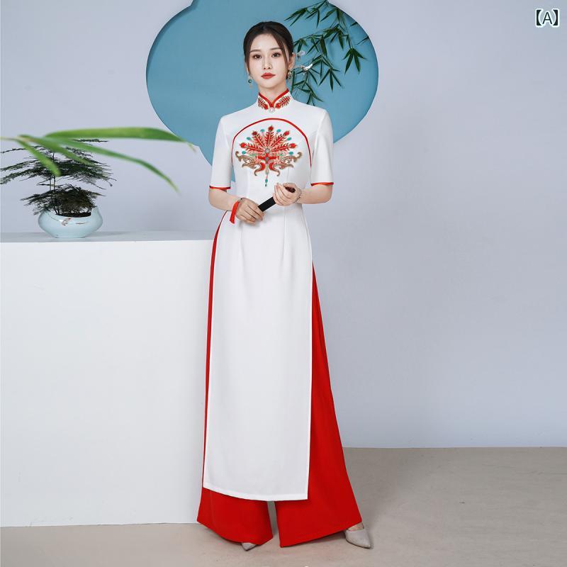 アオザイ チャイナドレス レディース エレガント パフォーマンス ハイスリット 刺繍 ティー ワイド パンツ スーツ コスチューム レッド ブルー