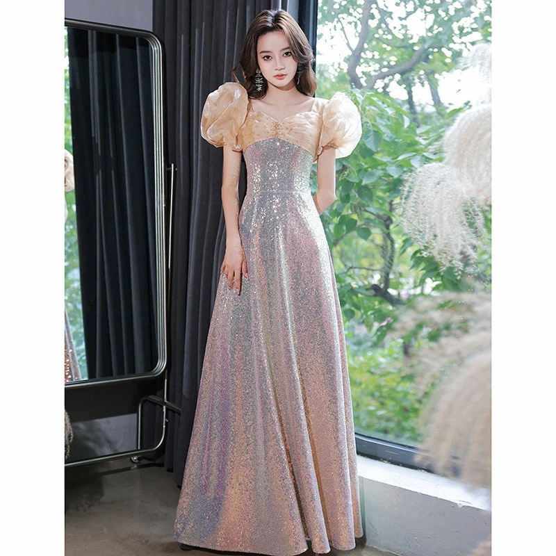 イブニングドレス ロングドレス シャンパン色 発表会ドレス キラキラドレス スパンコール パフスリーブ 可愛い パーティードレス ロング Aライン XS S M L XL XXL XXXL 6,939円