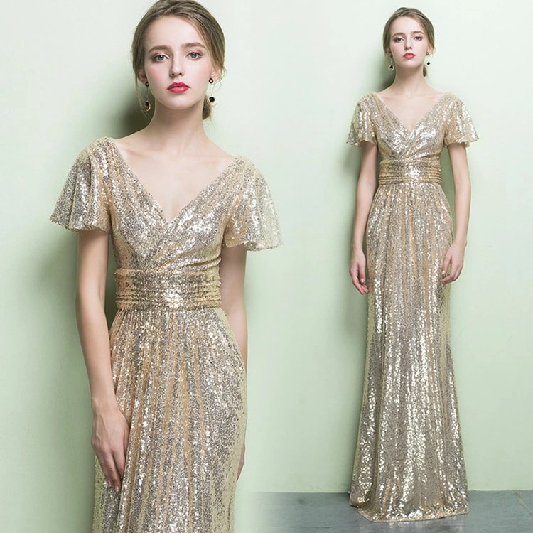 全6色 マーメイドドレス イブニングドレス シルバー キラキラドレス スパンコール 発表会ドレス ロングドレス ゴールド 黒 赤 ネイビー シャンパン色 パーティードレス 金色 紺色 マーメイドライン