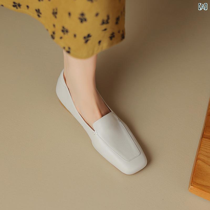 ローファー レディース オフィス 通勤 仕事 春秋 スクエアトゥ オフ ホワイト 女性用 革 フラット シューズ 女性用 ソフト ソール 快適 深口 シングル シューズ ソフトレザー