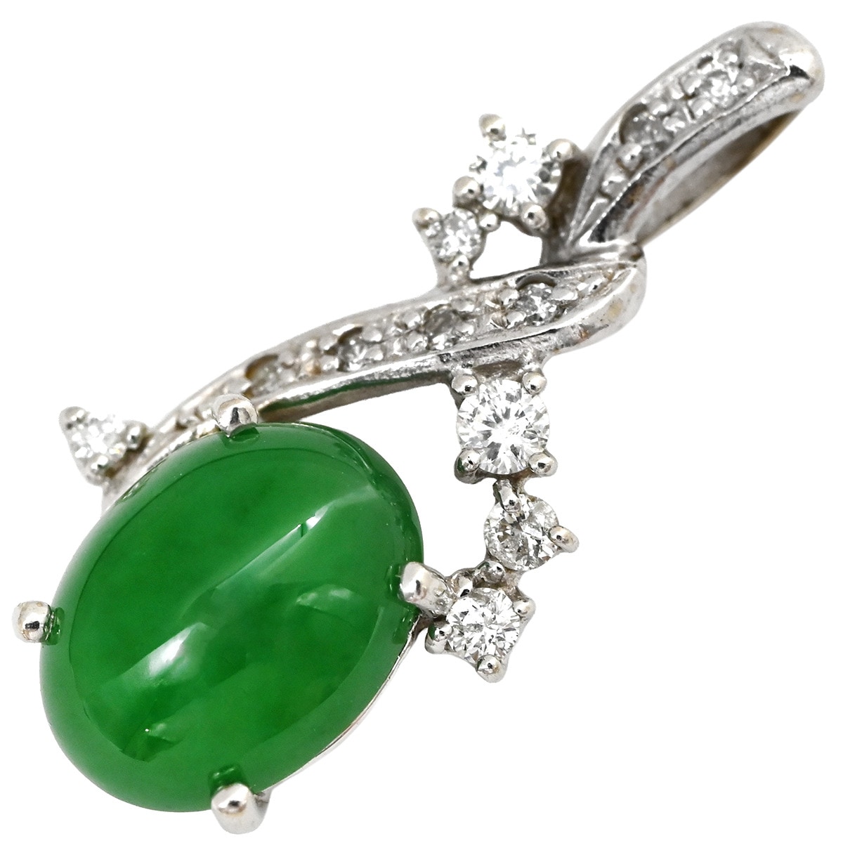 ペンダントトップ ヒスイ 2.0ct ダイヤ ホワイトゴールド 翡翠 ジェダイド 緑 オーバルカボションカット 18K 18金 ネックレストップ 【中古】