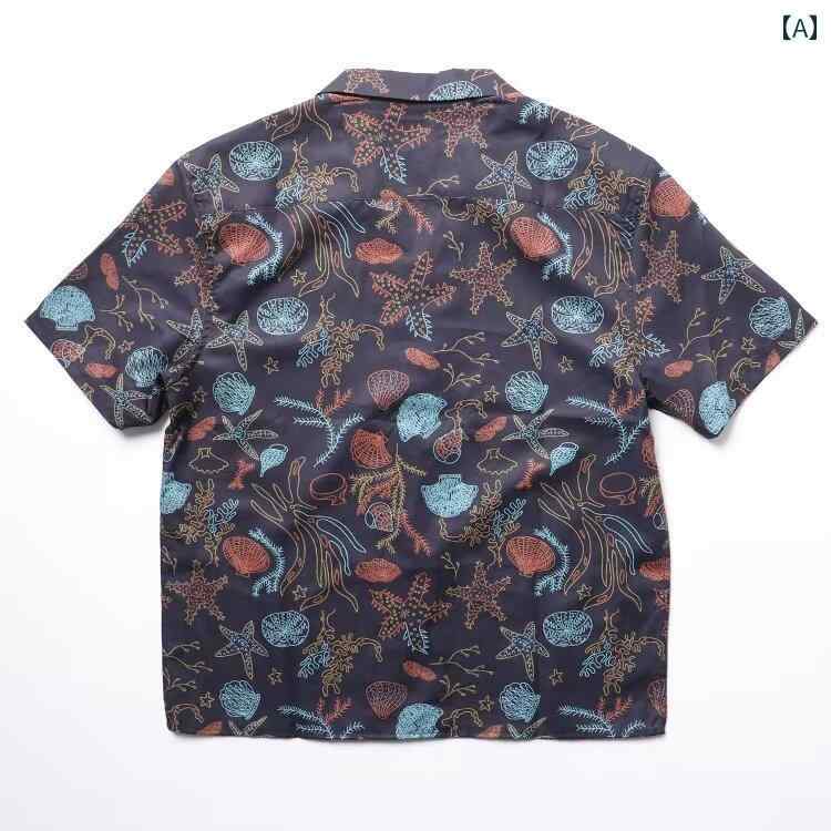 メンズ 春夏 トップス 柄シャツ 総柄 半袖 海辺 ビーチ プリント アメリカン レトロ ハワイアン カジュアル ネイビー