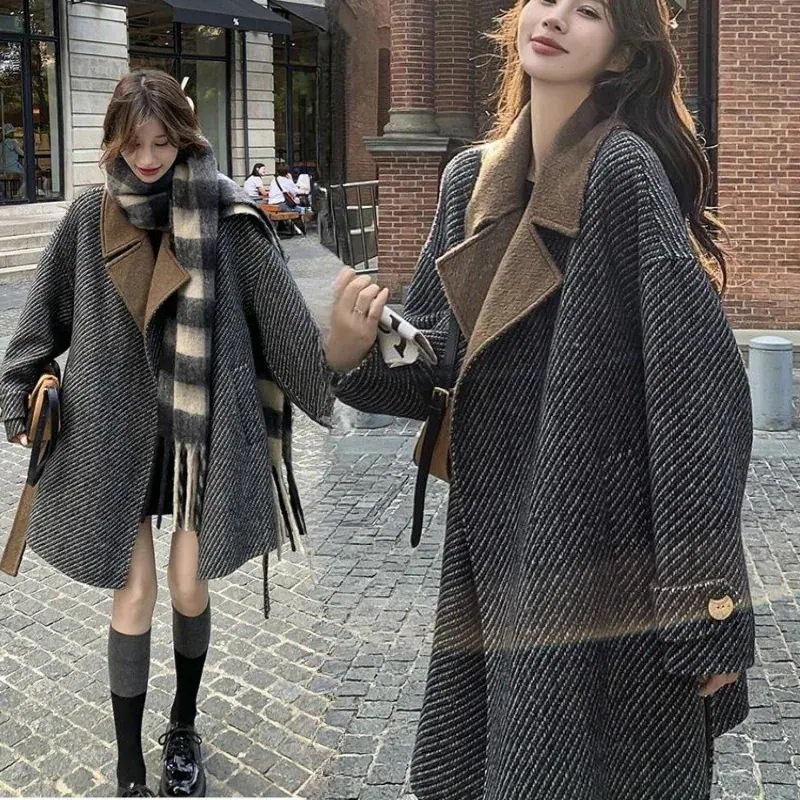 韓国ファッション コントラストカラーストライプラシャコート レディース 高級感気質 厚手 ロングチェスターコート 暖かい 防寒 体型カバー 大きいサイズアウター 冬 ジャケットトップス30%までに制限