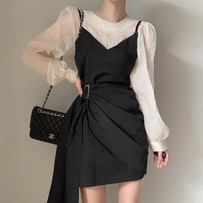 韓国デザイン春物新作無地長袖キャミソールワンピース