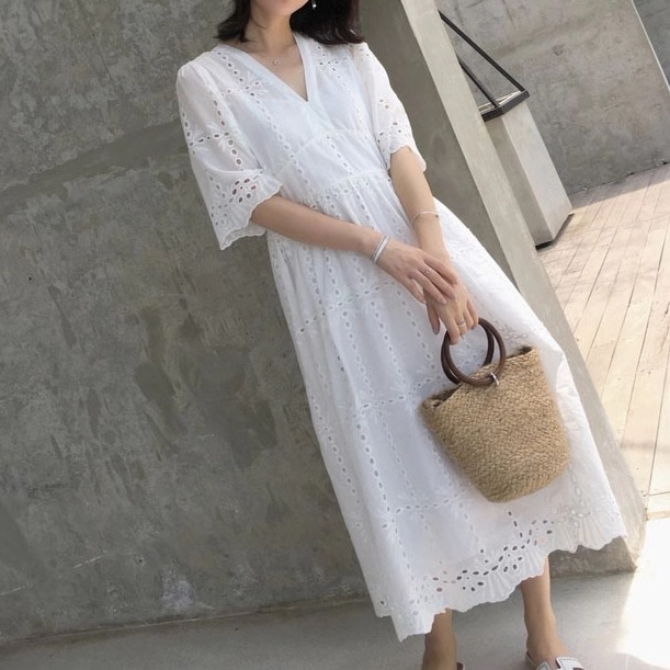 レディース ワンピース プルオーバー ドレス ロングスカート レーススカート ミモレ 半袖 Vネック 襟なし レース ハイウエスト 透け感 薄手 かわいい 大人可愛い きれいめ シンプル カジュアル