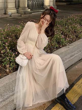 ゆるふわ ワンピース マキシ丈 長袖 パフスリーブ Vネック フレア Aライン シフォン ハイウエスト チュール レース ウエストマーク 個性的 レディース ふわふわ ガーリー デート