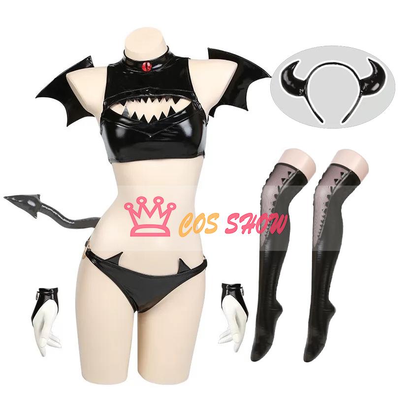 萌え 撮影用 セクシー 大人用 胸開き 過激 ブラック 誘惑 翼 コスプレ衣装セット ステージ 小悪魔 ランジェリー PU革 人気商品N0.1 カチューシャ付き
