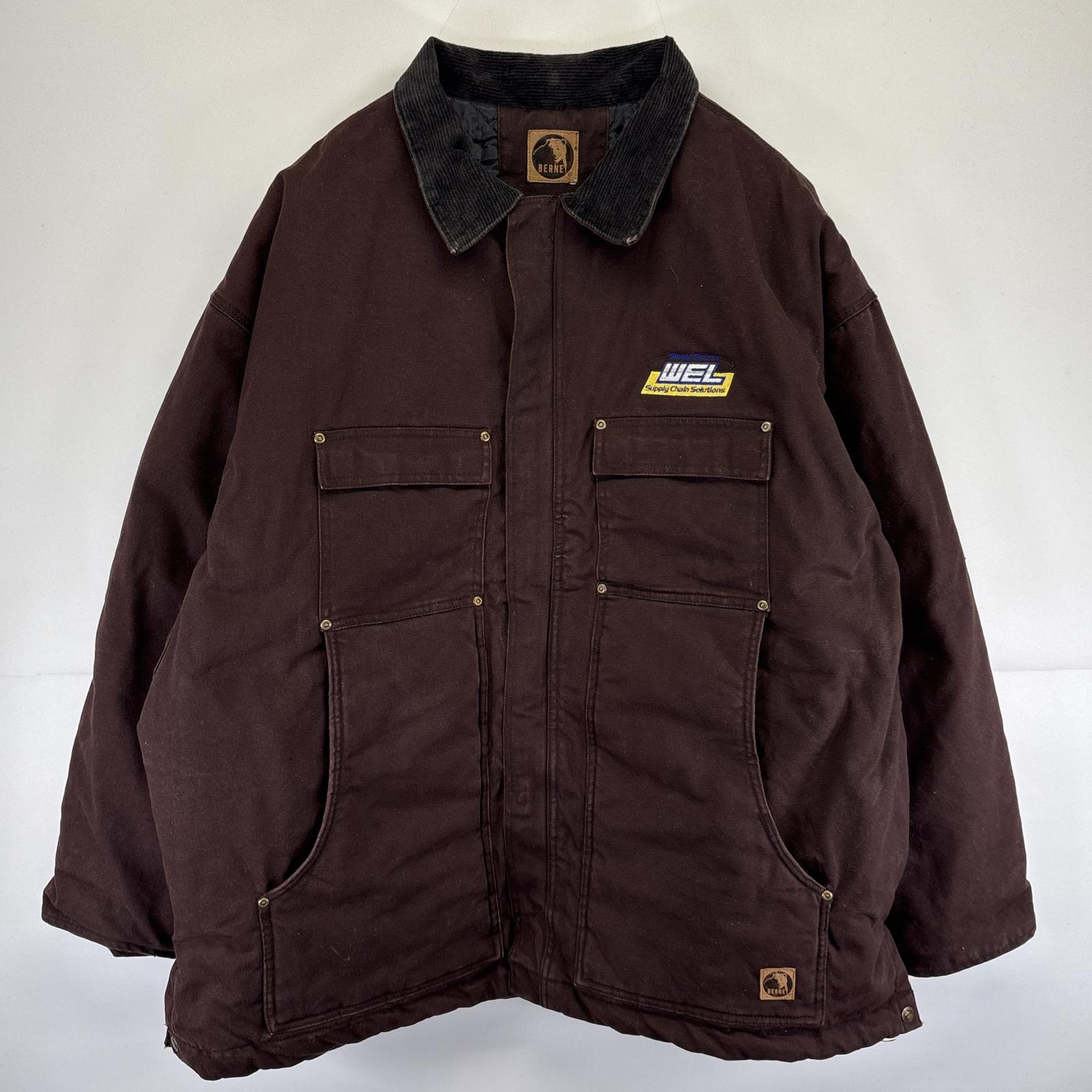 古着 BERNE ワークジャケット ダック フルジップ 中綿 企業ロゴ 大きいサイズ 4XLR ブラウン メンズ