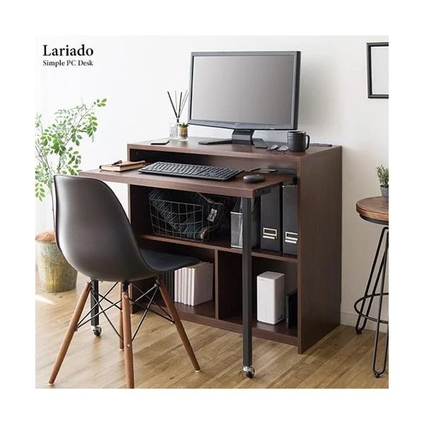 デスク パソコンデスク おしゃれ 幅90cm 収納 棚 ラック 机 木製 pcデスク つくえ コンセント付き キッチンカウンター ブラウン モダン 新生活 Lariado ID004