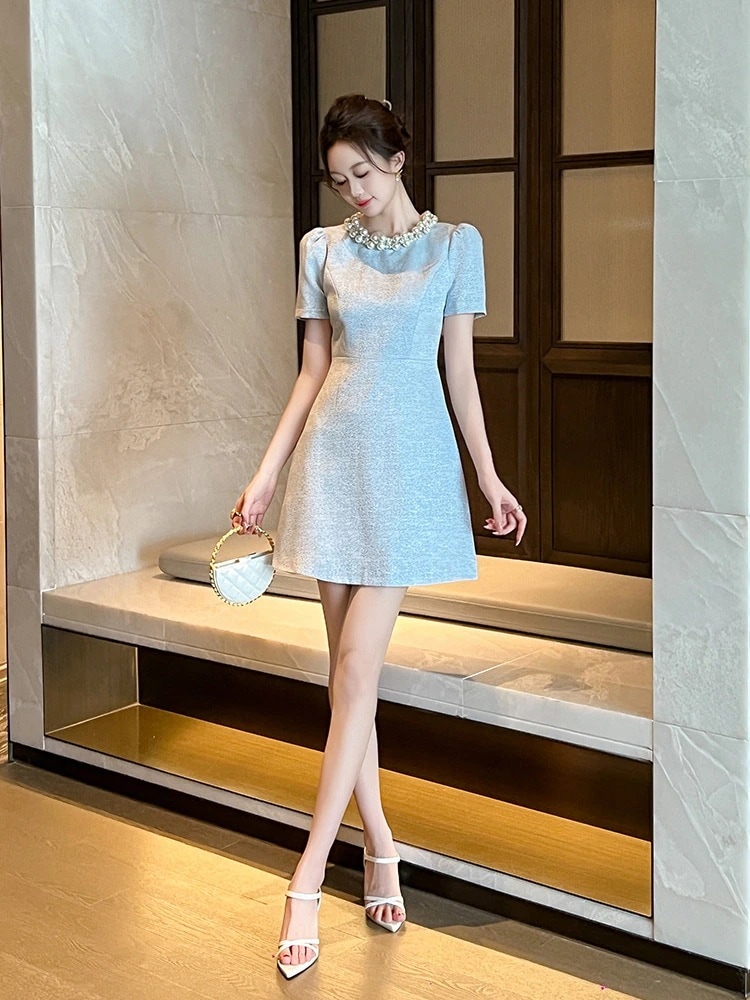 2024夏新品 パール飾り ショート ワンピース Aライン ドレス パーティー キャバ 大人 同窓会 披露宴 卒業式 結婚式 演奏会 ウェディング 二次会 メガ割30%までに制限