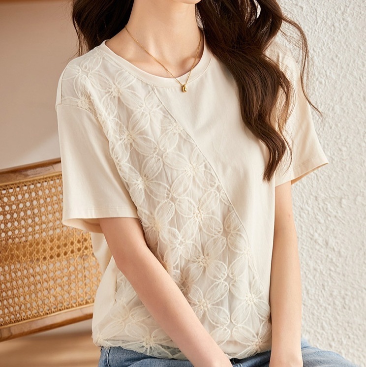 異素材ミックスTシャツ シフォンTシャツ 半袖春夏トップス カジュアルトップス トップス Tシャツ シャツ プルオーバー 白シャツ 白トップス 袖あり 半袖 5分袖 五分袖 Uネック ラウンドネック