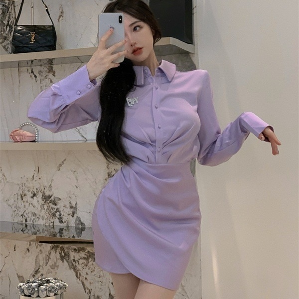 チューリップスカート ワンピース シャツワンピース ミニ ミニ丈 膝上 長袖 萌袖 襟付き タイト アシンメトリー 切り替えデザイン ギャザー 前開き ボタン かわいい 大人可愛い きれいめ シンプル