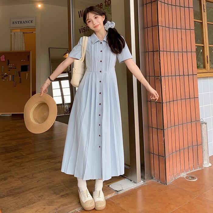 ワンピース ワンピ ドレス シャツワンピ 袖あり レディース プリーツ エレガント きれいめ カジュアル 大人 可愛い フェミニン Aライン ロング丈 ウエストリボン パープル ブルー 青 ブラック