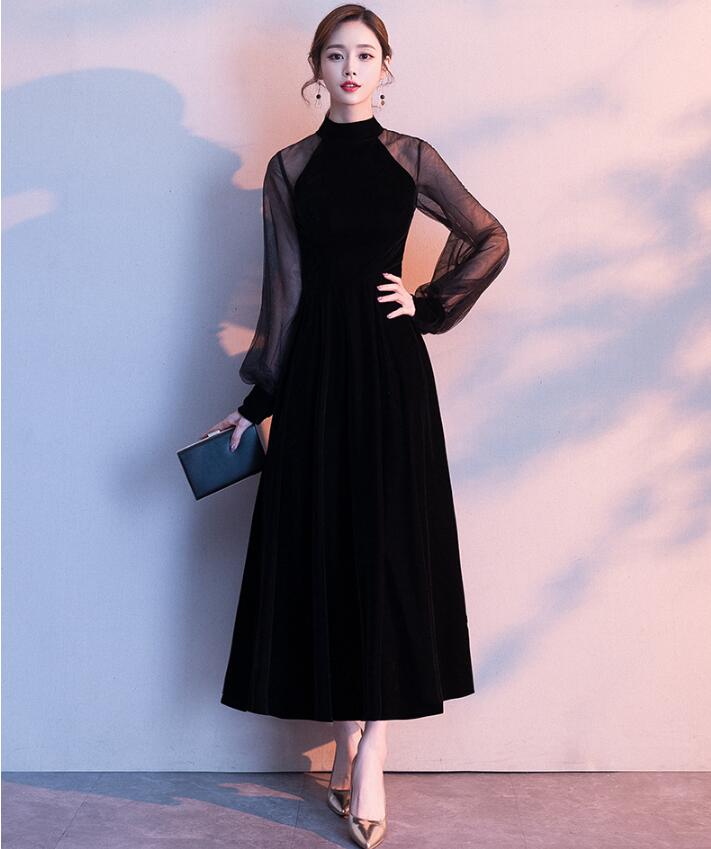 パーティードレス お嬢様 ロングドレス 袖あり 二次会エレガント 演奏会 発表会 ピアノ 披露宴 高級感 スリット マキシワンピース お呼ばれ 姫系 宴会 披露宴 謝恩会 上品 着痩せ 韓国風 黒 A