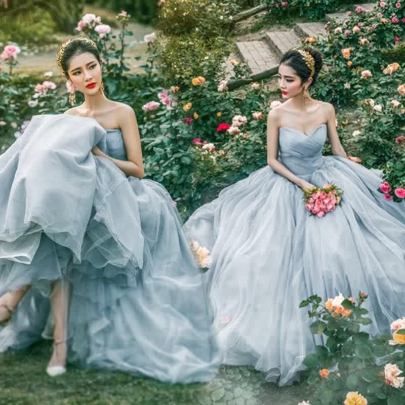 カラードレス ロング プリンセス グレー パーティードレス 花嫁 ウエディングドレス 結婚式 演奏会