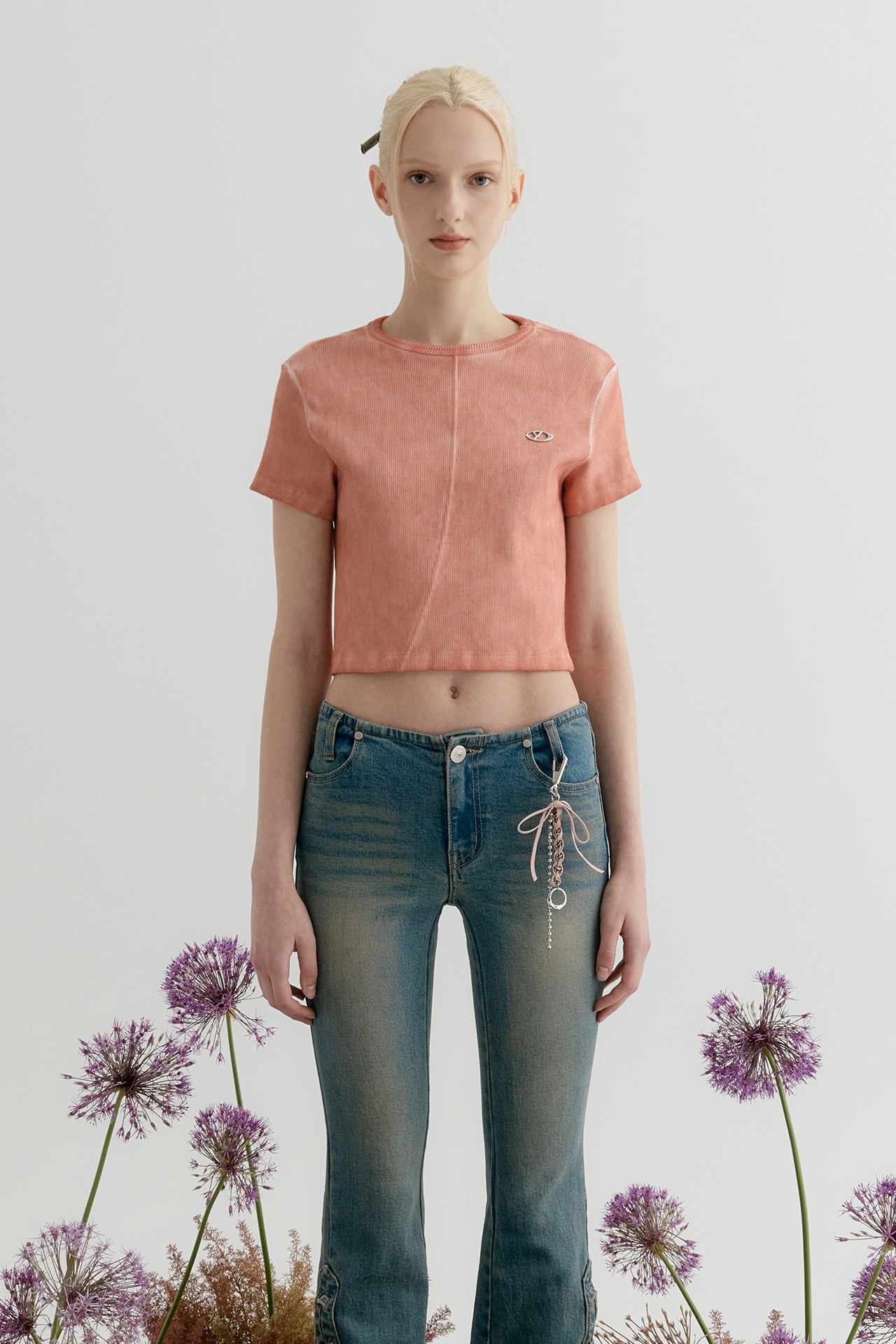 【YUSE】 WASHING RIBBED HALF SLEEVE TOP : LIGHT PINK