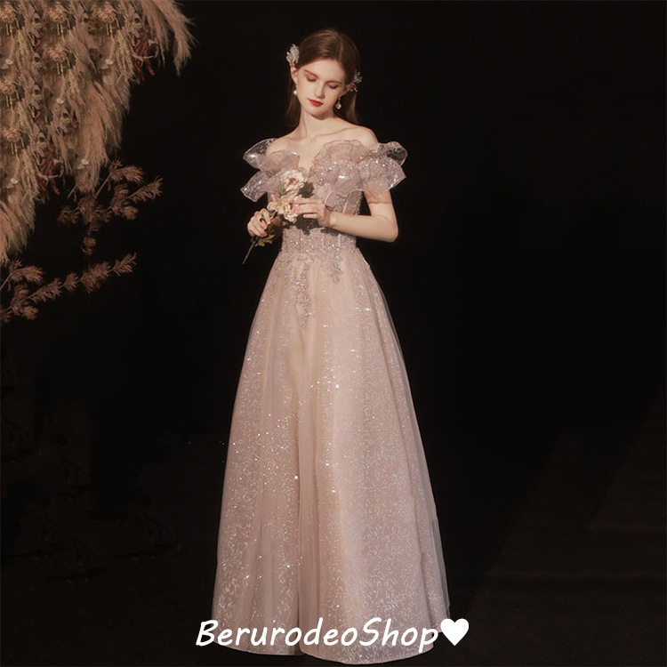 イブニングドレス オフショルダー キラキラ キレイめ ロングドレス ピンク ボートーネック フリル 結婚式ドレス 二次会ドレス お呼ばれドレス Aライン パーティードレス 20代 30代 発表会ドレス