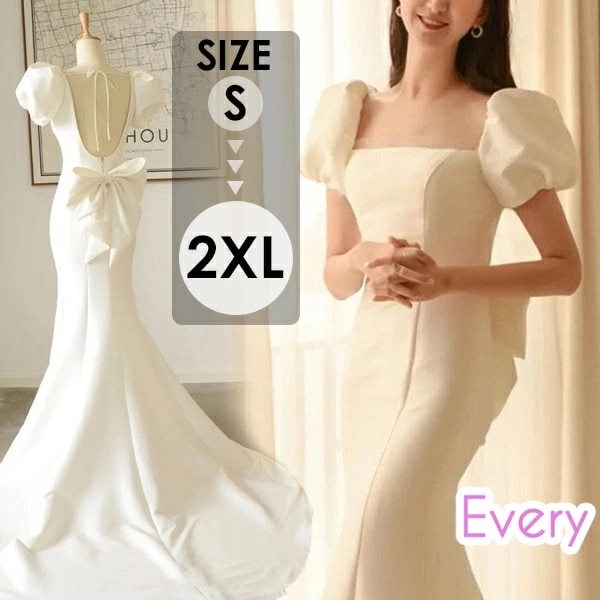 花嫁 ウェディングドレス タフタ ファスナー パフスリーブ マーメイドライン 白ドレス ワンピース 花嫁 結婚式 二次会 披露宴 前撮り 後撮り 撮影用 ビーチフォト フォトウェディング 小さいサイズ